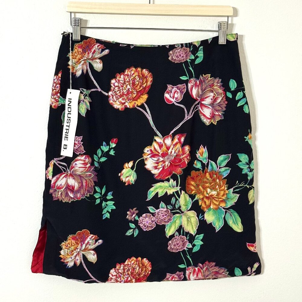 Vtg Y2K Black Floral Pencil Skirt Silky 15"W Embroidered Sequins Embellished NWT